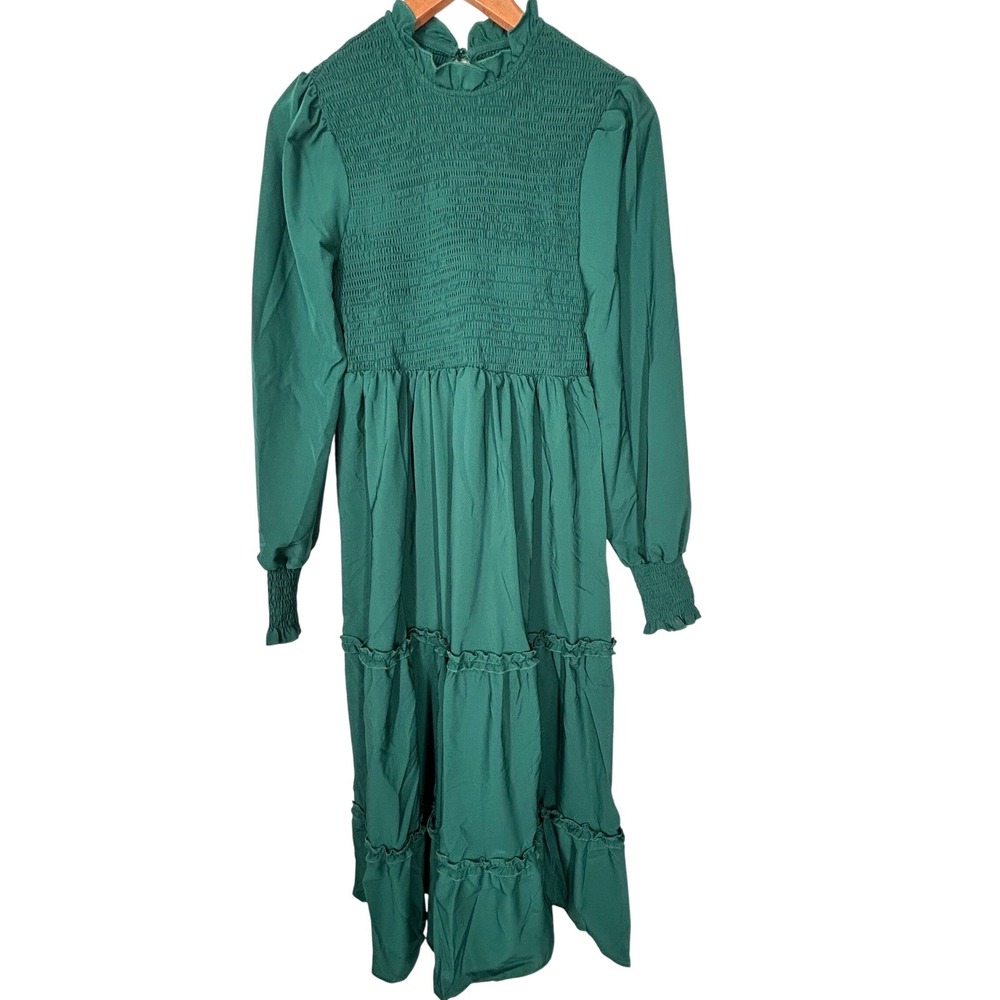 Kohl's Dark Green Long-Sleeve Dress Smocked Chest Cottagecore‎ Women's M NWT